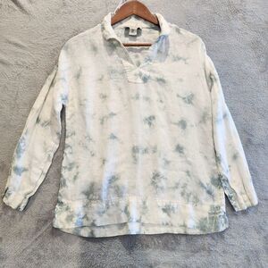 Rachel Zoe White Green Tie Dye 100% Linen Blouse Size Small Lagenlook Coastal